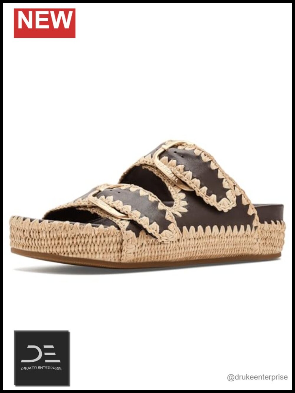 Leather Double Strap Slide Sandals with Straw Whipstitch